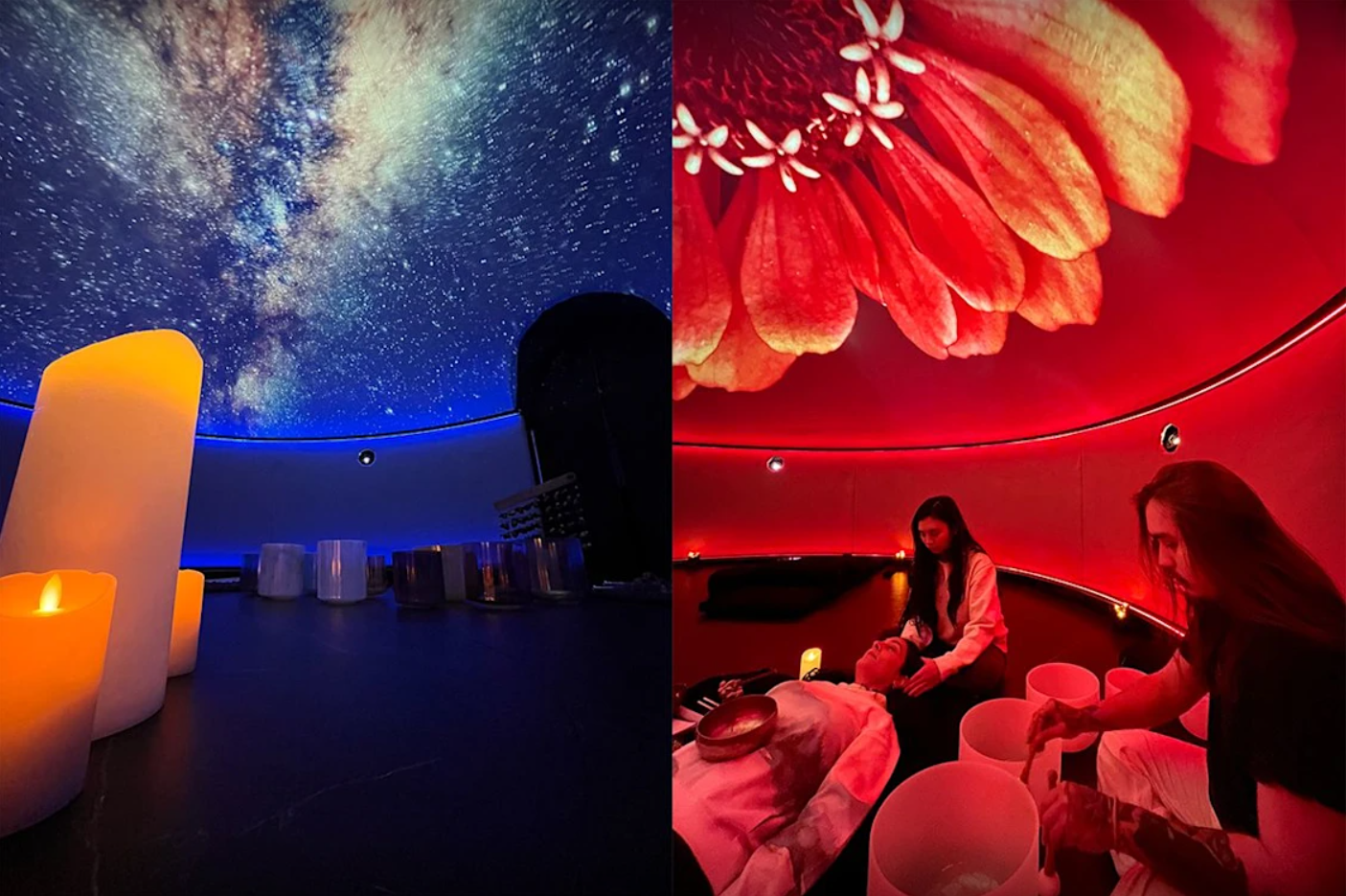 A wider view of the Sensorium dome — starlit practice and candles, red sound-bath setup